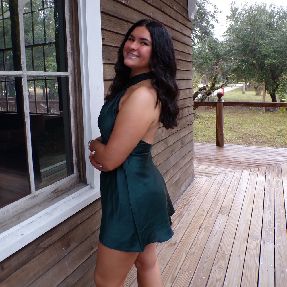 Show Me Your Mumu Women’s Halter Satin Dress in Deep Green